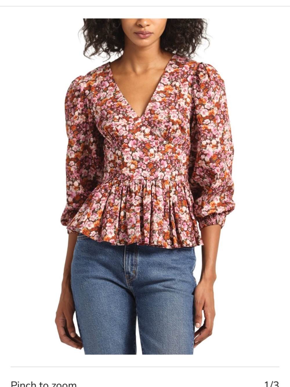 Derek Lam Savannah Floral V-Neck Peplum Blouse in Pink and Brown